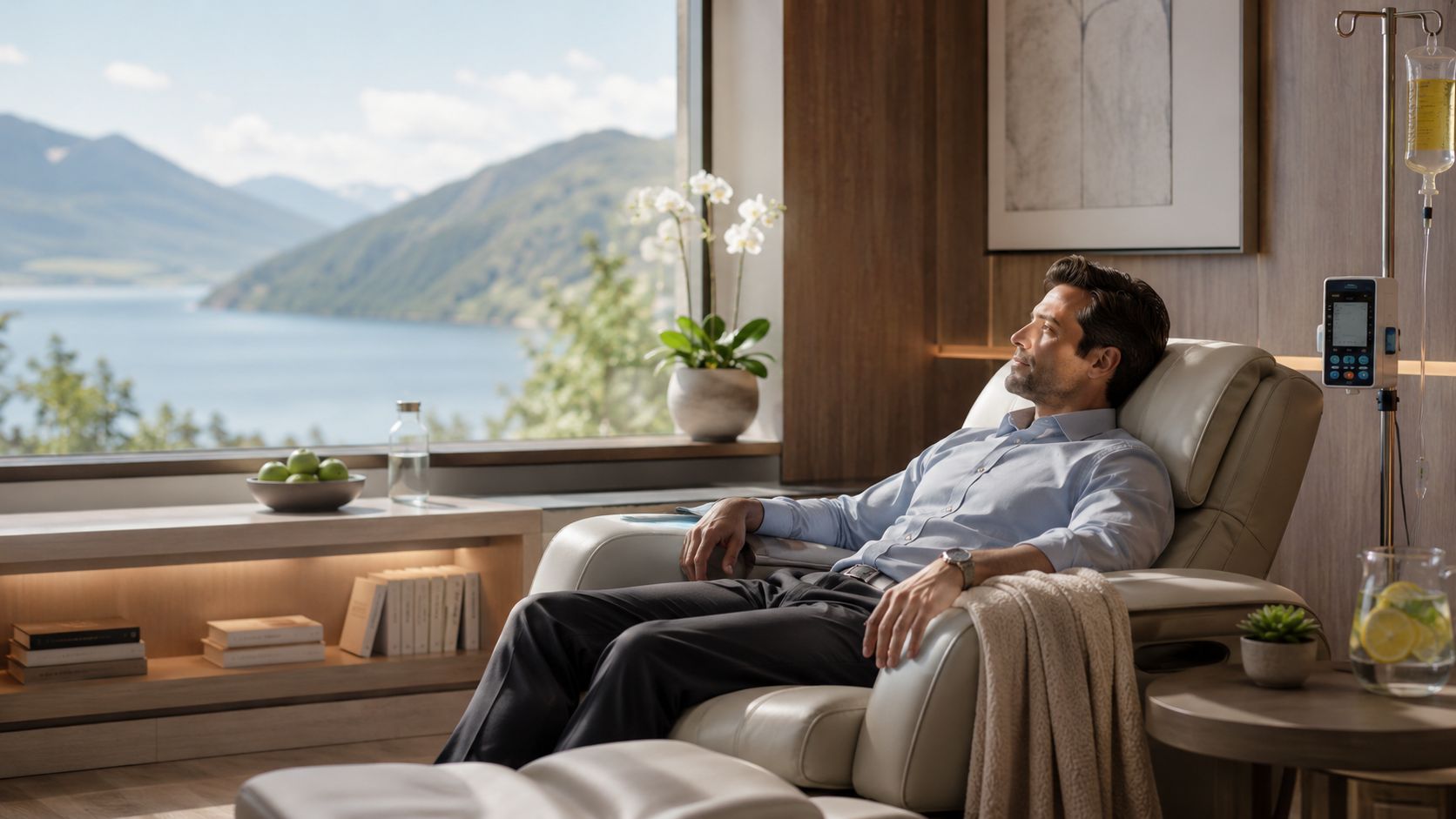 A man relaxing in a luxurious clinical setting while receiving an IV drip with a mountain view.