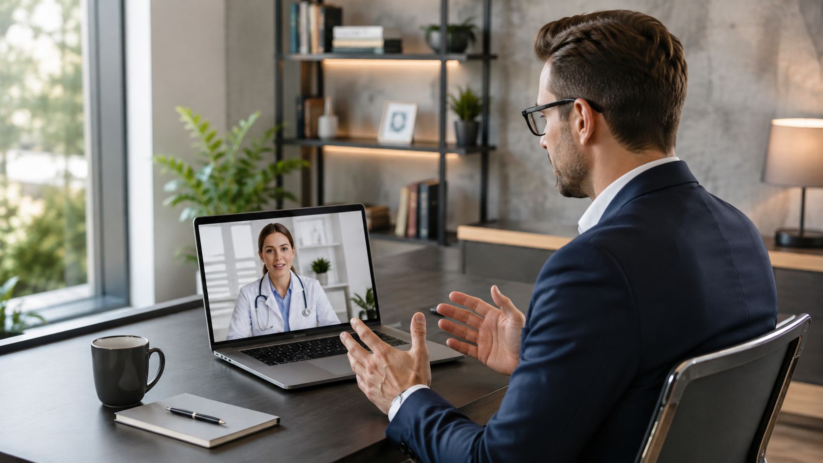 A professional man in a business suit consults with a doctor via a video call on his laptop.